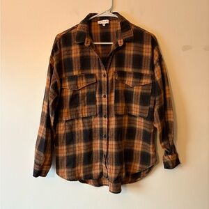ACOA Tan and Black Plaid Button-Up Flannel Long Sleeve Shirt, Size XS Women’s
